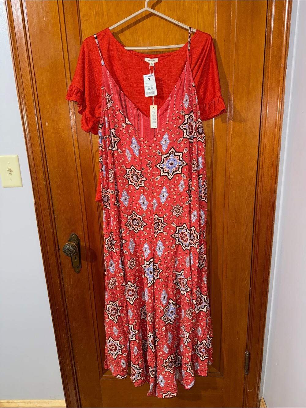 Marshalls Red Top  with Medallion Pattern jumpsuit 2 piece set